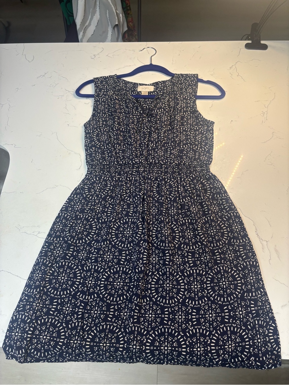 LOFT Navy and White Sleeveless Printed Fit-and-Flare Dress
